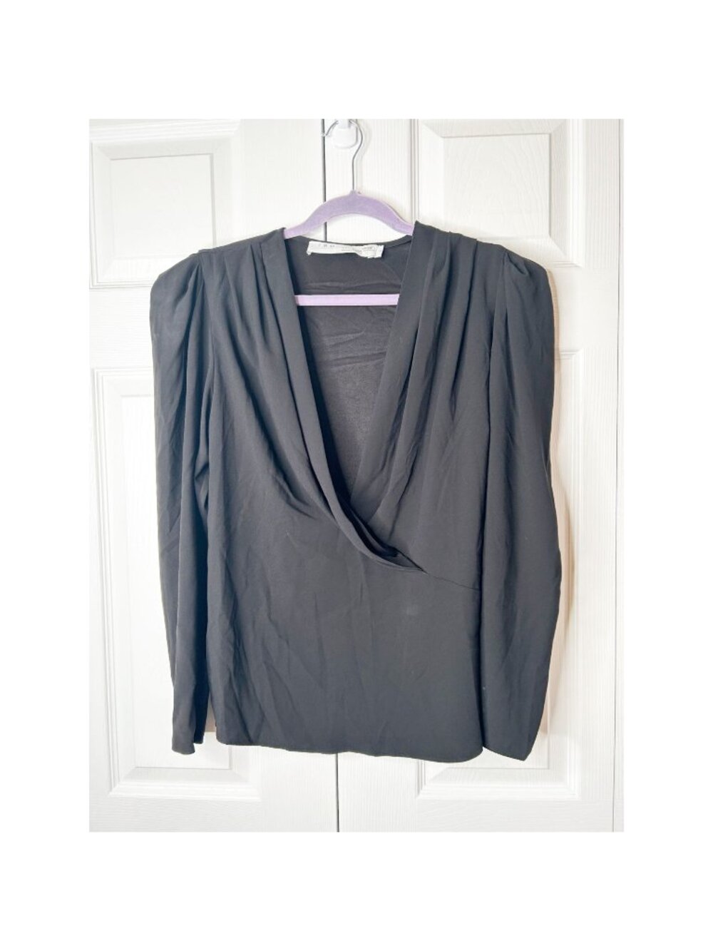 IRO Black Crepe Puff Long Sleeve Surplice V-Neck Blouse Women's Size FR 44